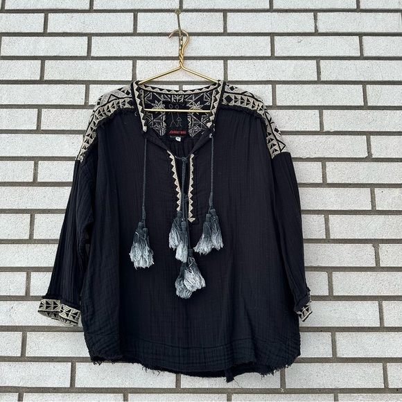 Johnny Was Sai Gauze Tassel-Tie Blouse Black Off White Embroidered - Picture 3 of 12